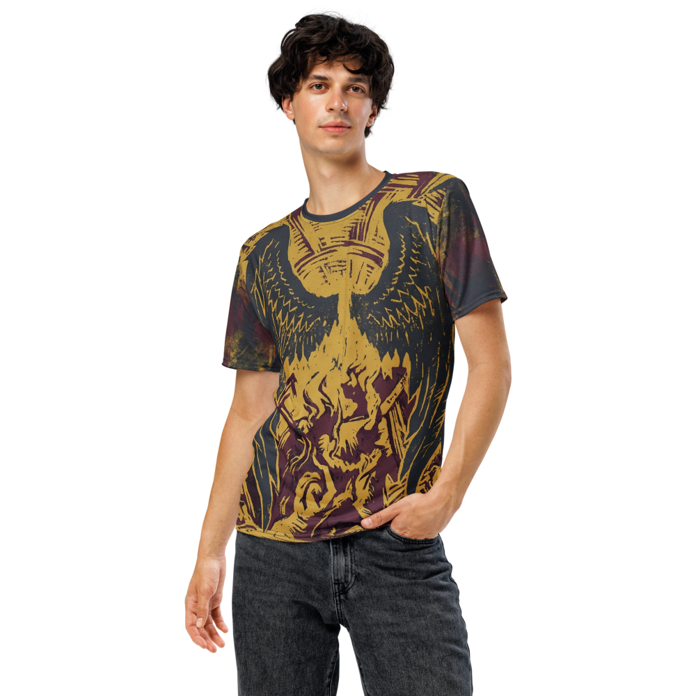 Phoenix-Engel im Holzschnitt — Burgundy Feuer T-Shirt