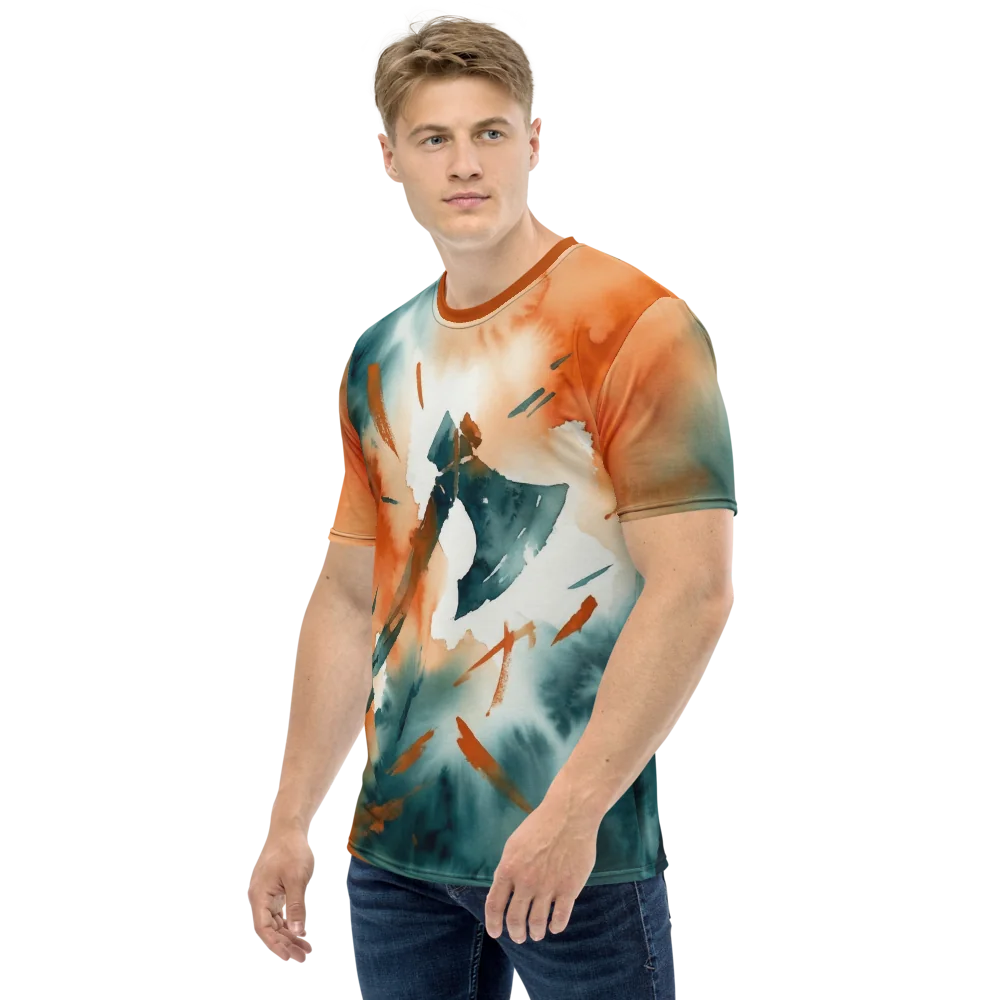 Wikinger Axt T-Shirt — Aquarell Orange Türkis Nordisch — Linker Ärmel