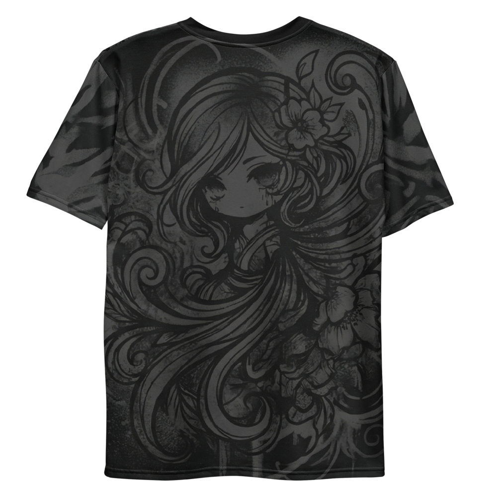 Dark Chibi Gothic Girl Monochrom — Floral Haar T-Shirt