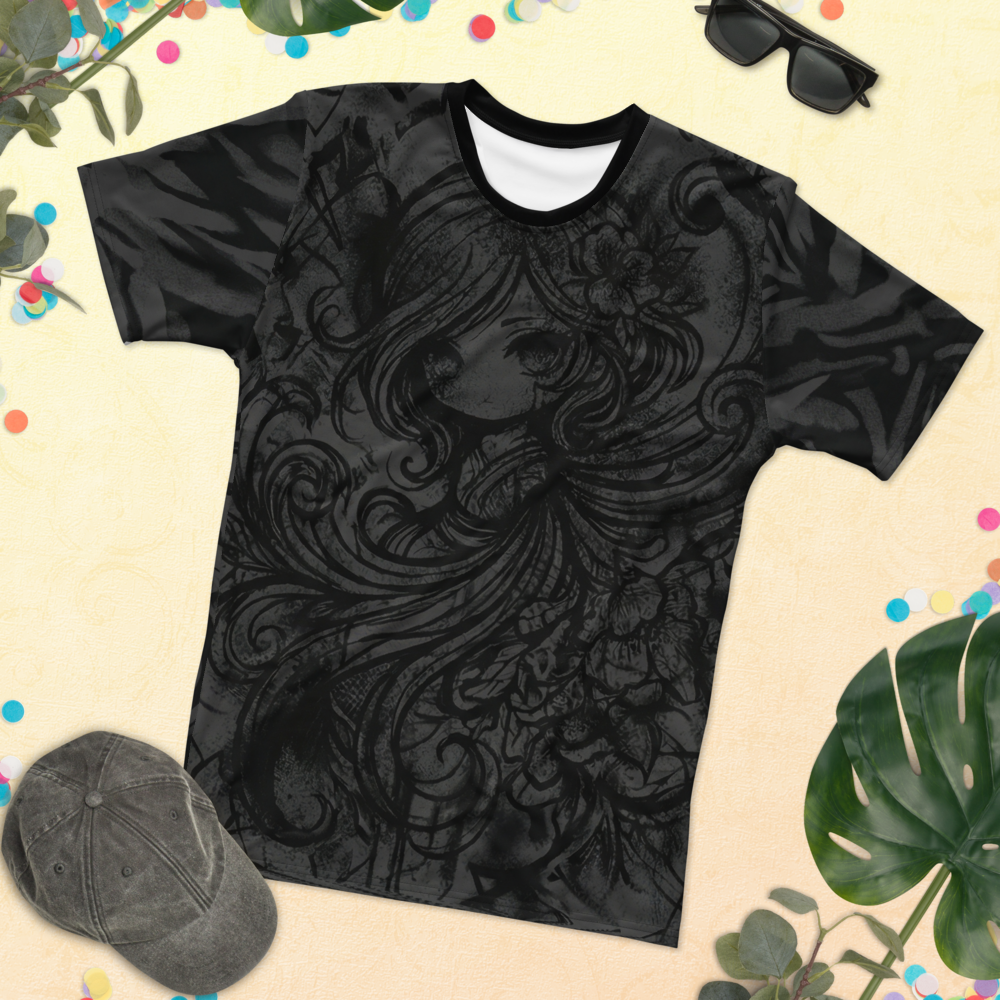 Dark Chibi Gothic Girl Monochrom — Floral Haar T-Shirt