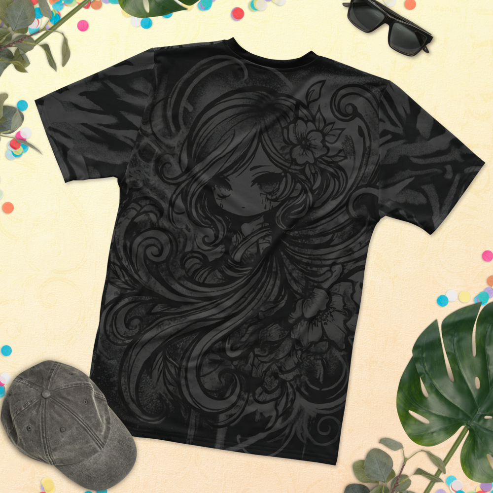 Dark Chibi Gothic Girl Monochrom — Floral Haar T-Shirt