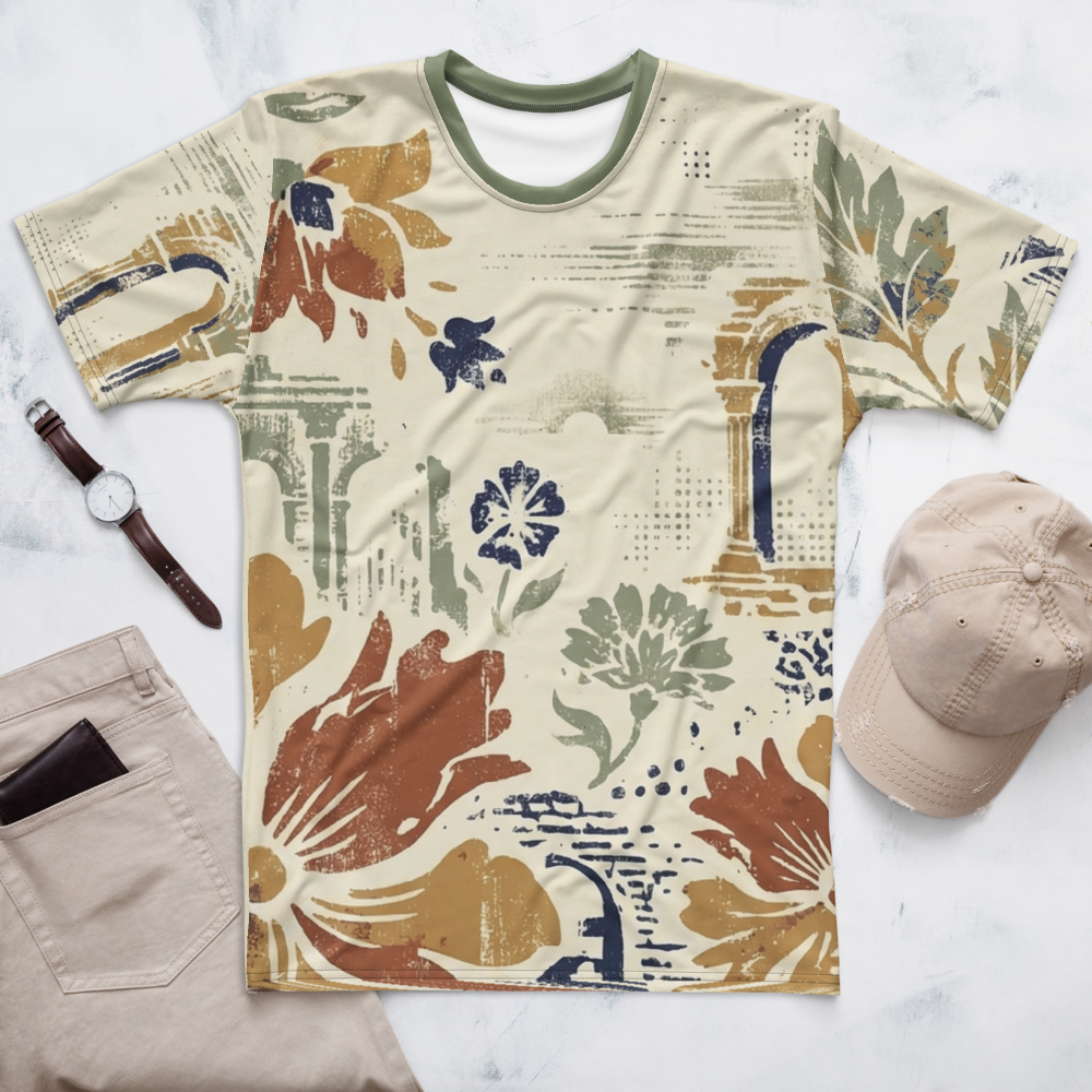 Vintage Floral & Architektur T-Shirt – Erdige Kunst