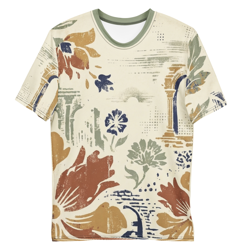 Vintage Floral & Architektur T-Shirt – Erdige Kunst