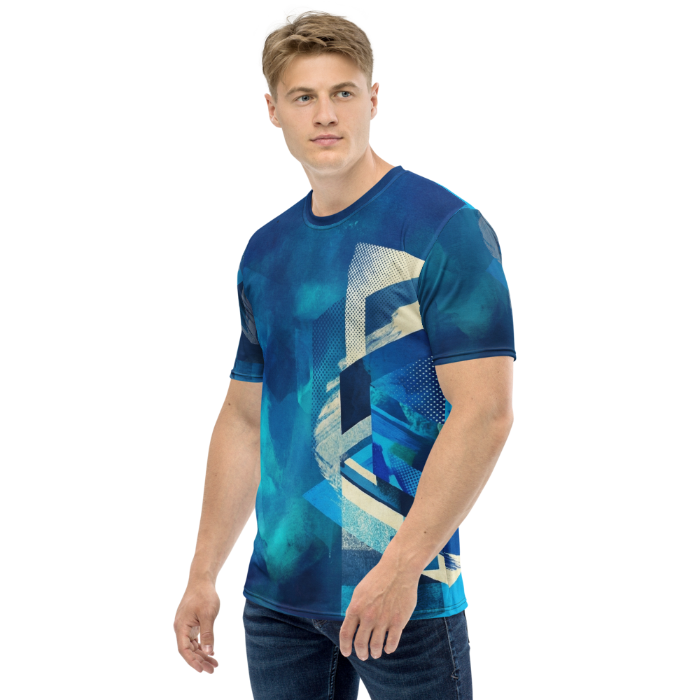 Abstrakte Geometrie T-Shirt – Blaue Pop-Art Collage