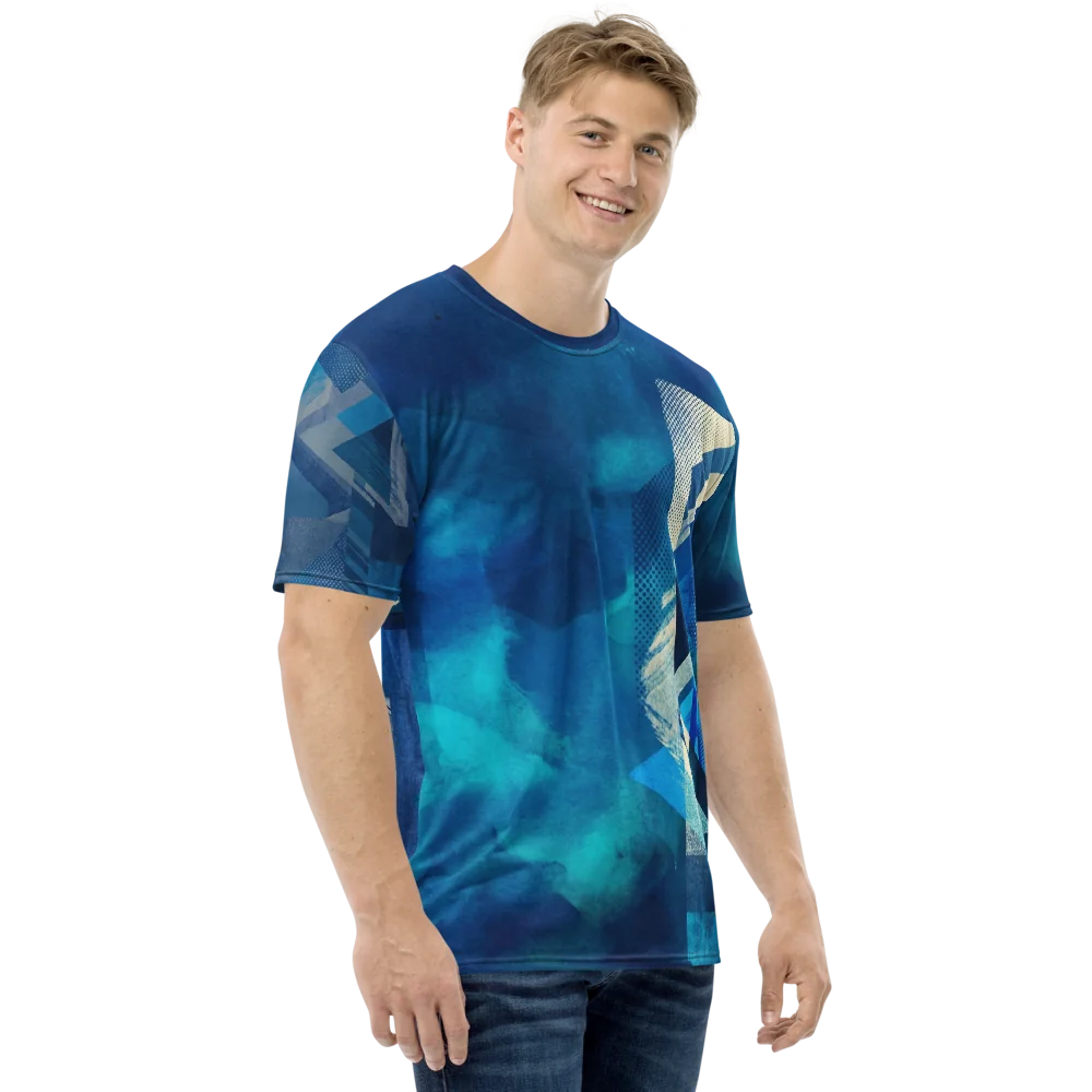 Aqua Pop-Art T-Shirt — Abstrakte Collage Blau — Rechter Ärmel