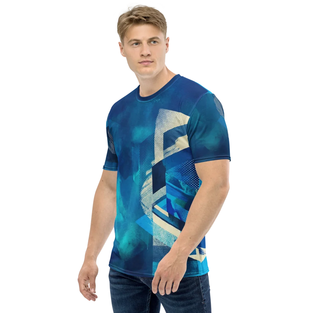 Aqua Pop-Art T-Shirt — Abstrakte Collage Blau — Linker Ärmel