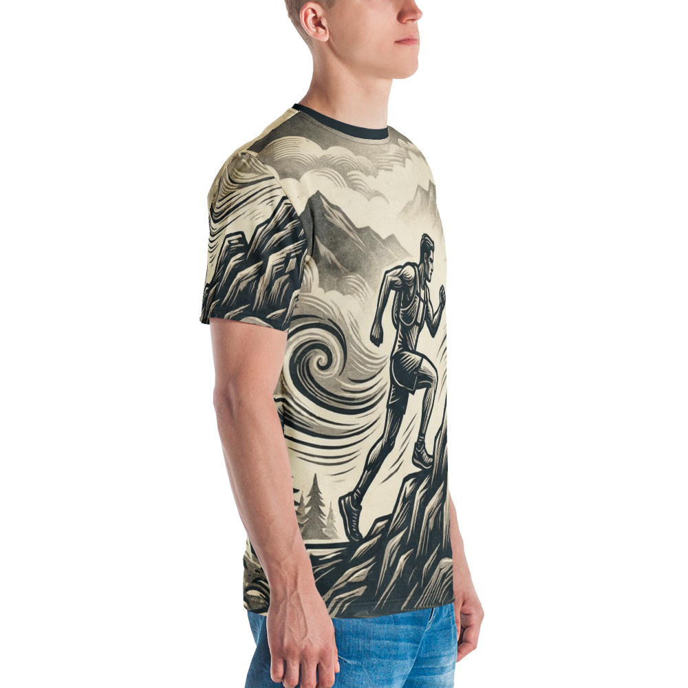 Trail-Runner Bergsteiger — Holzschnitt Sepia Mountain T-Shirt