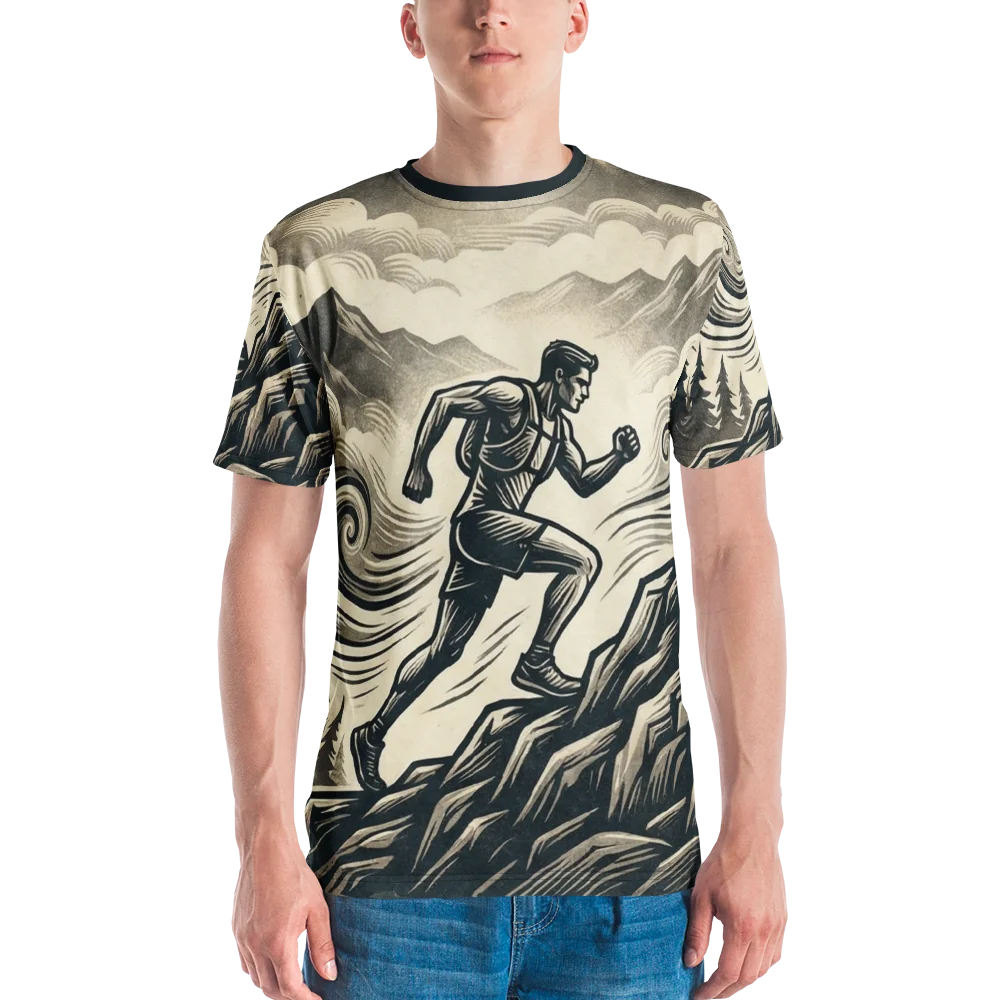 Trail-Runner T-Shirt — Holzschnitt Sepia Mountain