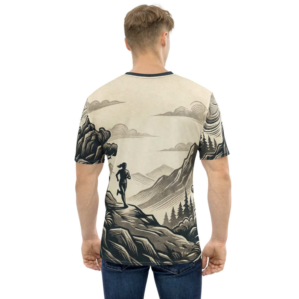 Trail-Runner T-Shirt — Holzschnitt Sepia Mountain