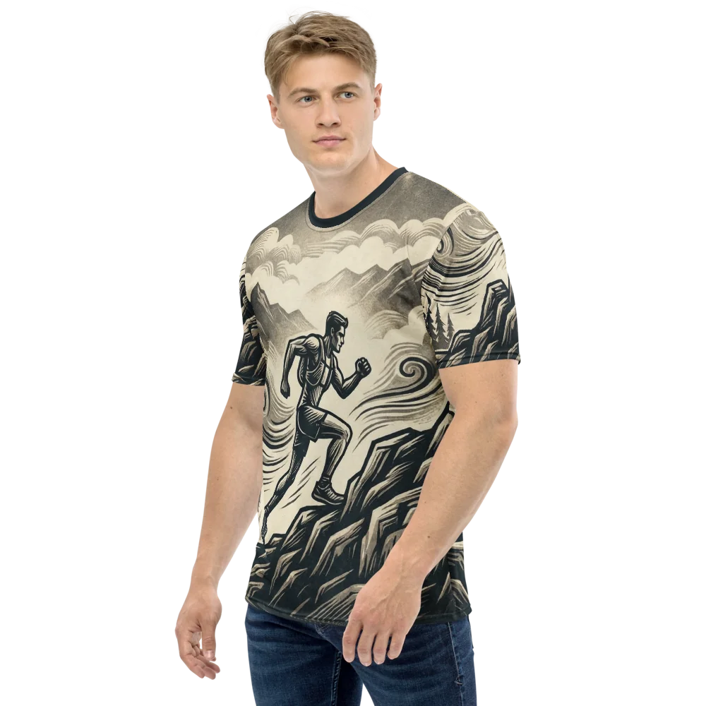 Trail-Runner T-Shirt — Holzschnitt Sepia Mountain
