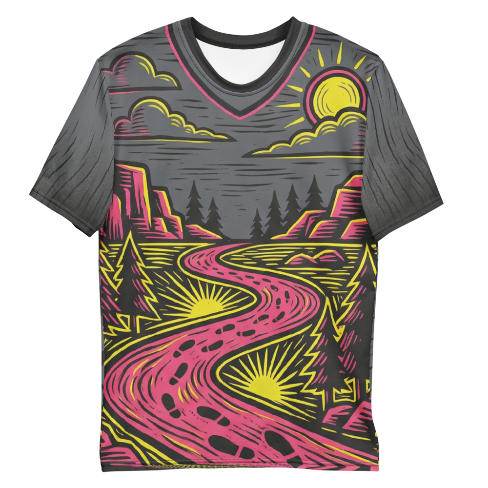 Neon Landschaft T-Shirt – Pinke Straße im Linolschnitt