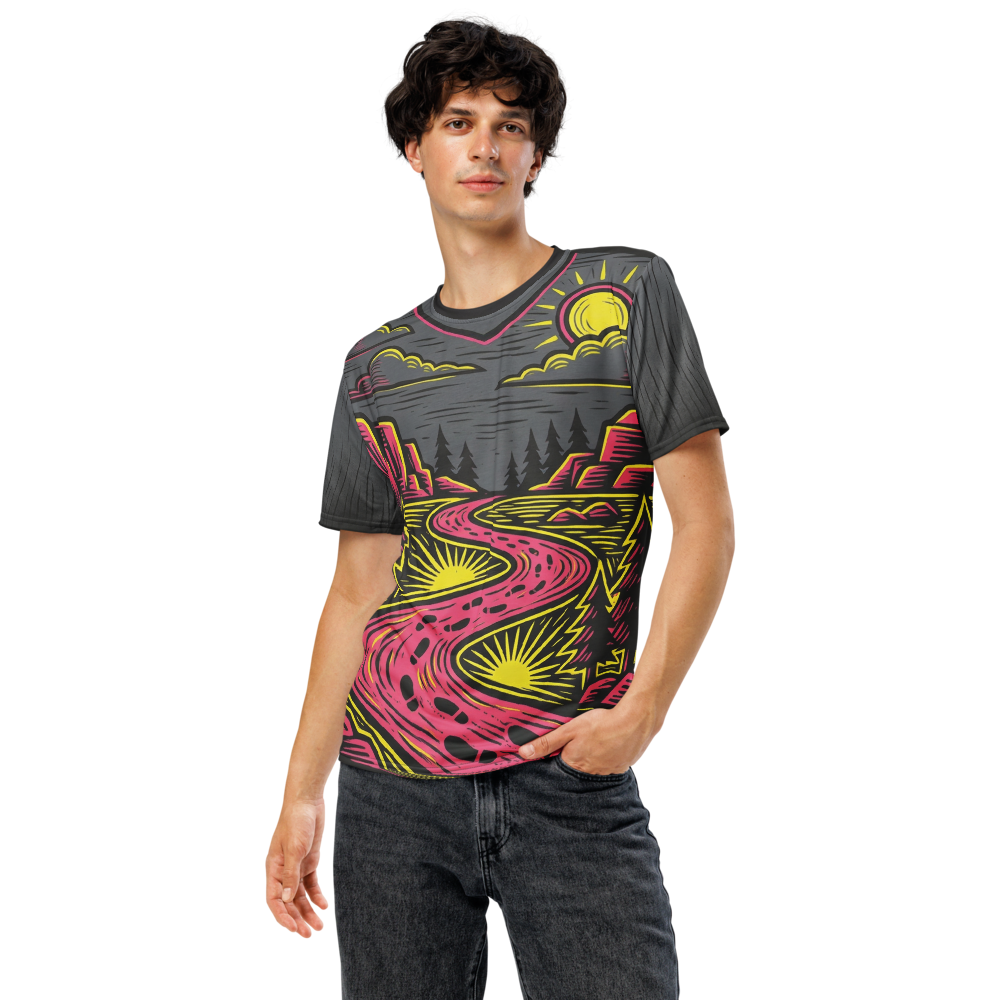 Neon Landschaft Pinke Straße — Linolschnitt Magenta Gelb T-Shirt