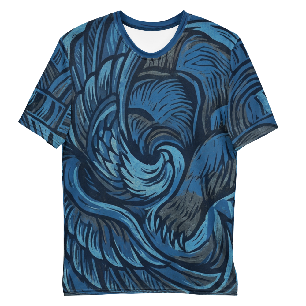 Adler & Bär T-Shirt – Blaues Linolschnitt-Design