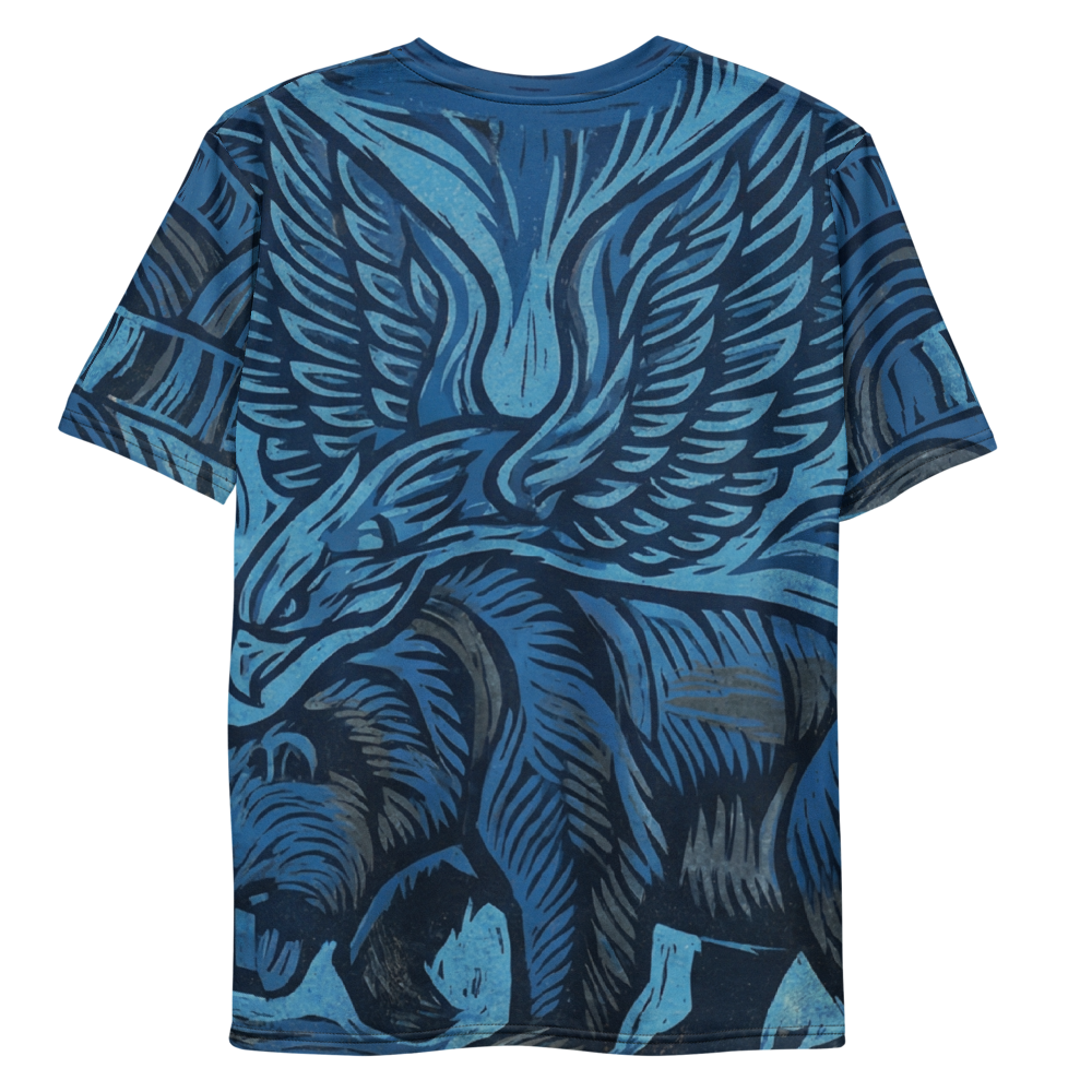 Adler & Bär T-Shirt – Blaues Linolschnitt-Design