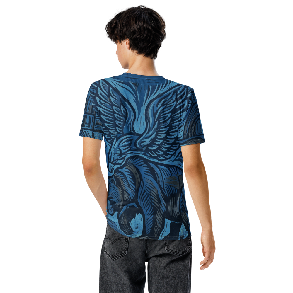 Adler & Bär T-Shirt – Blaues Linolschnitt-Design