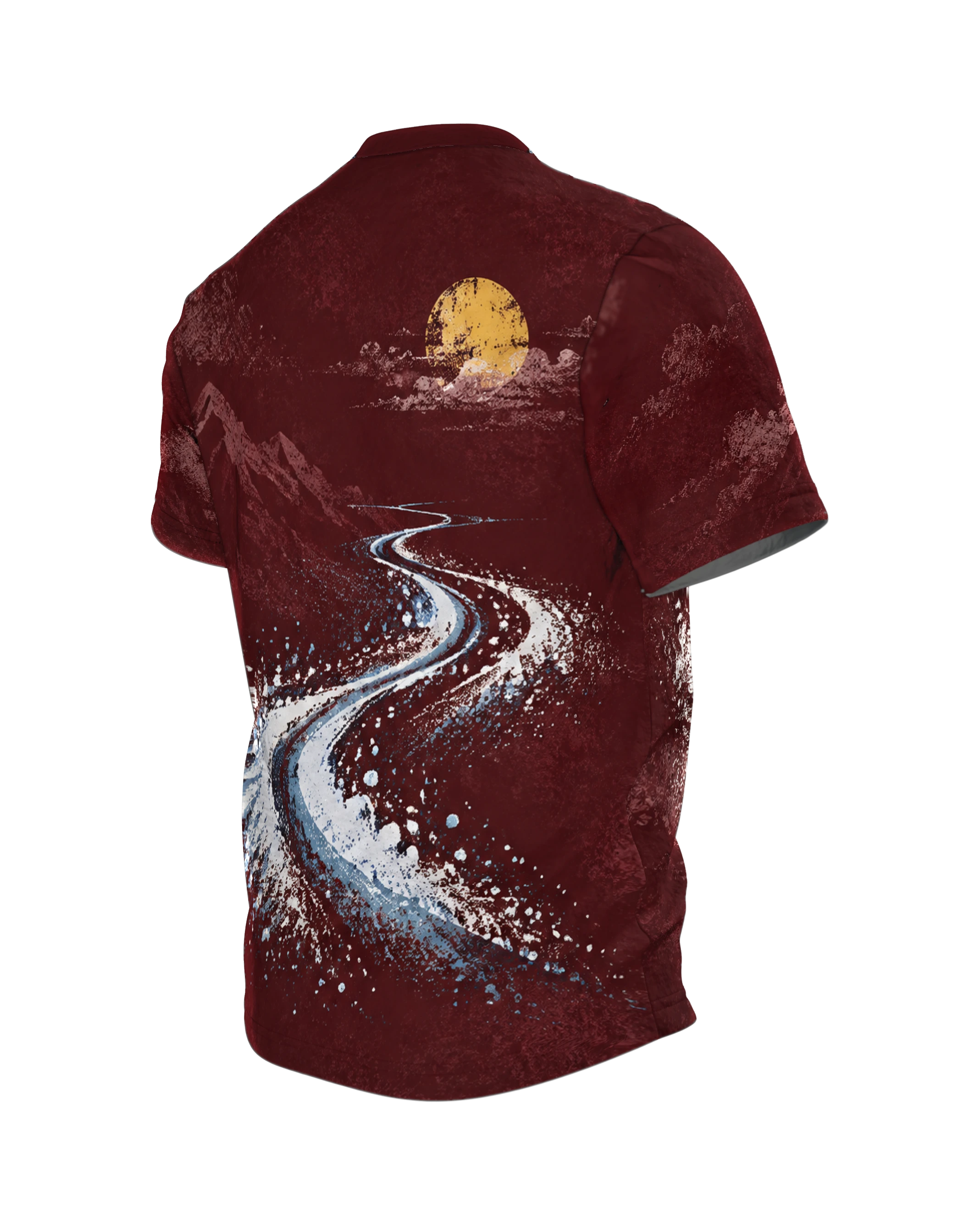 Retro Skier Portrait T-Shirt: burgundy red with glacier goggles and bobble hat, ski track to the moon on the back, printed all over, Back, angled left