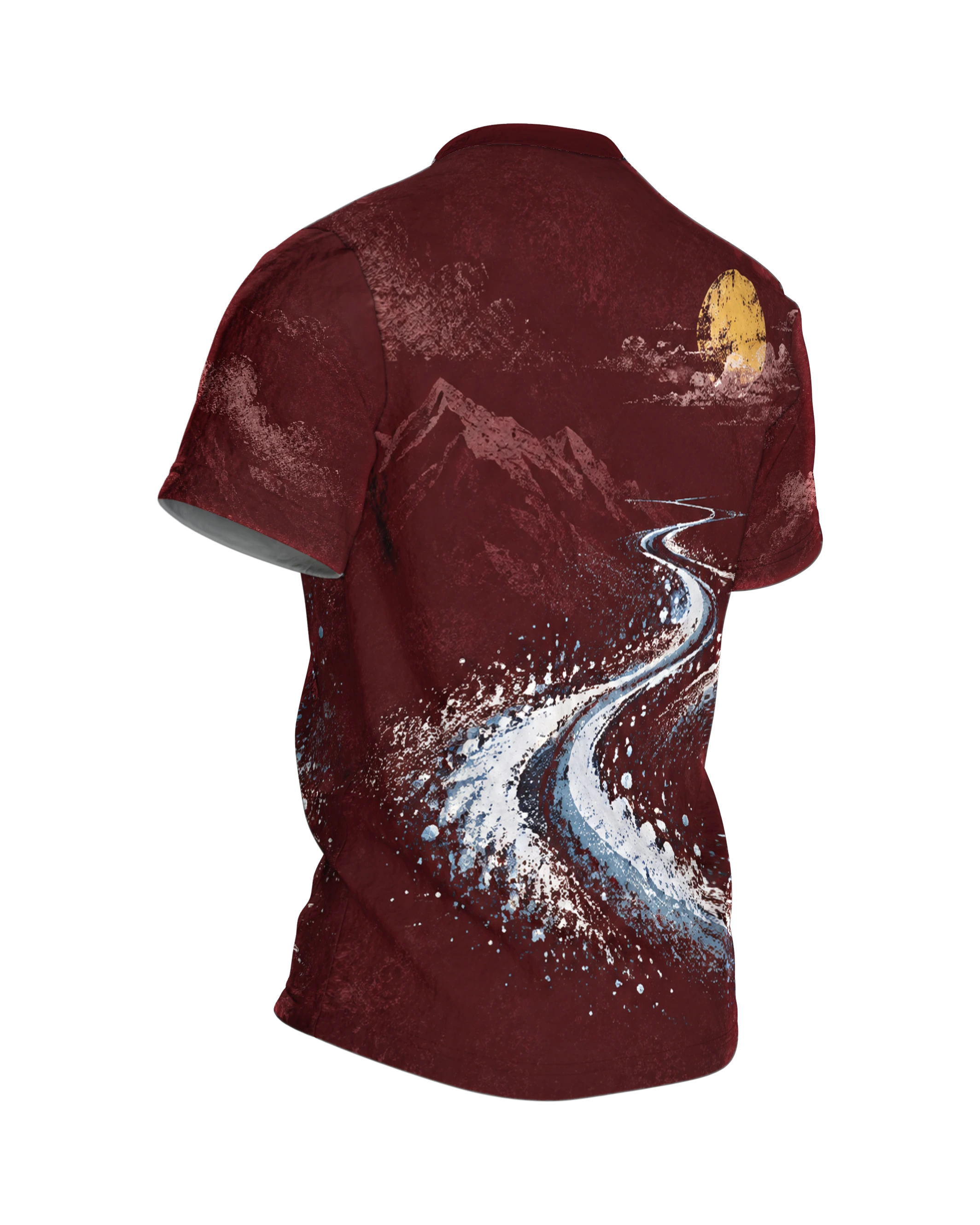 Retro Skier Portrait T-Shirt: burgundy red with glacier goggles and bobble hat, ski track to the moon on the back, printed all over, Back, angled right