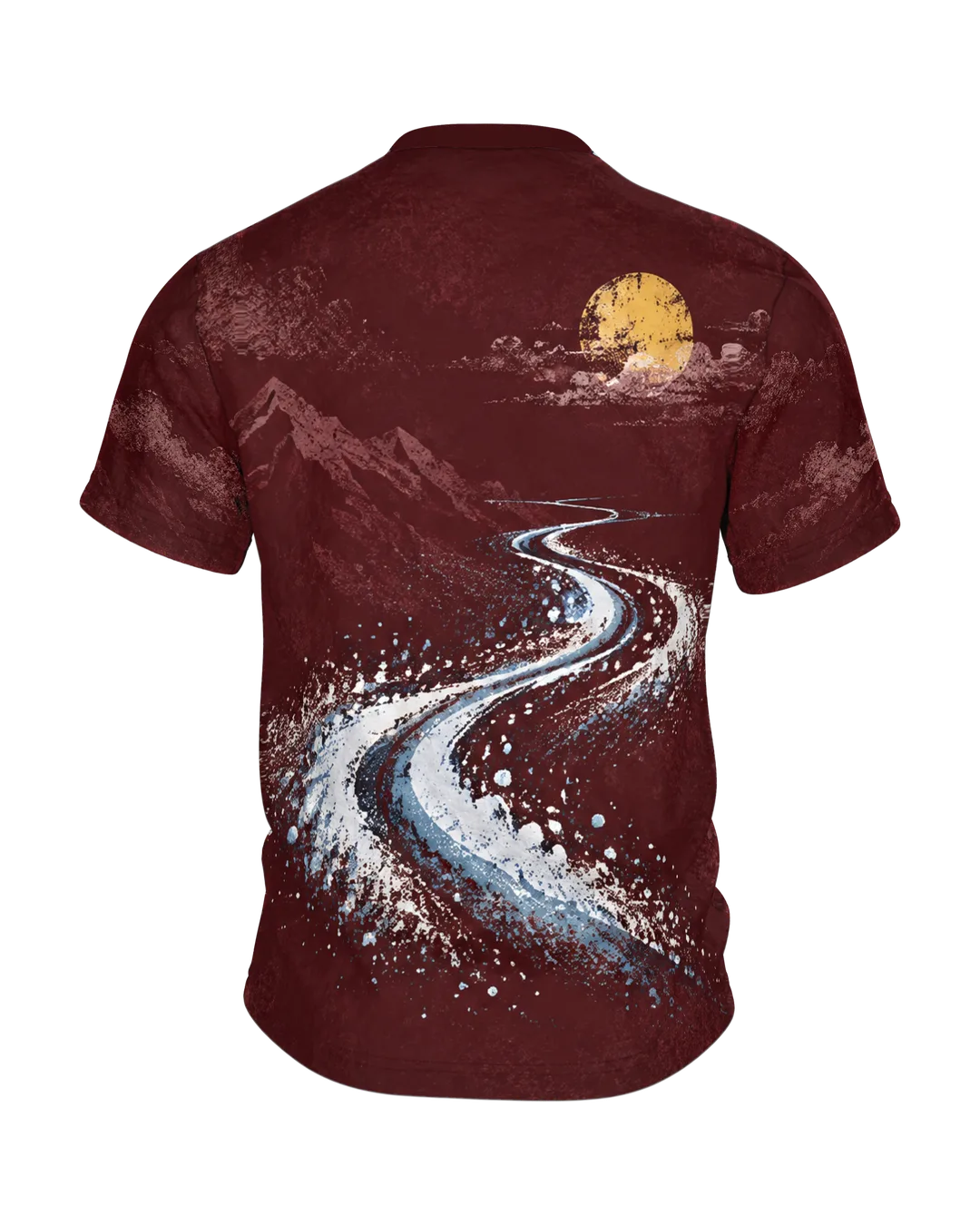 Retro Skier Portrait T-Shirt: burgundy red with glacier goggles and bobble hat, ski track to the moon on the back, printed all over, Back