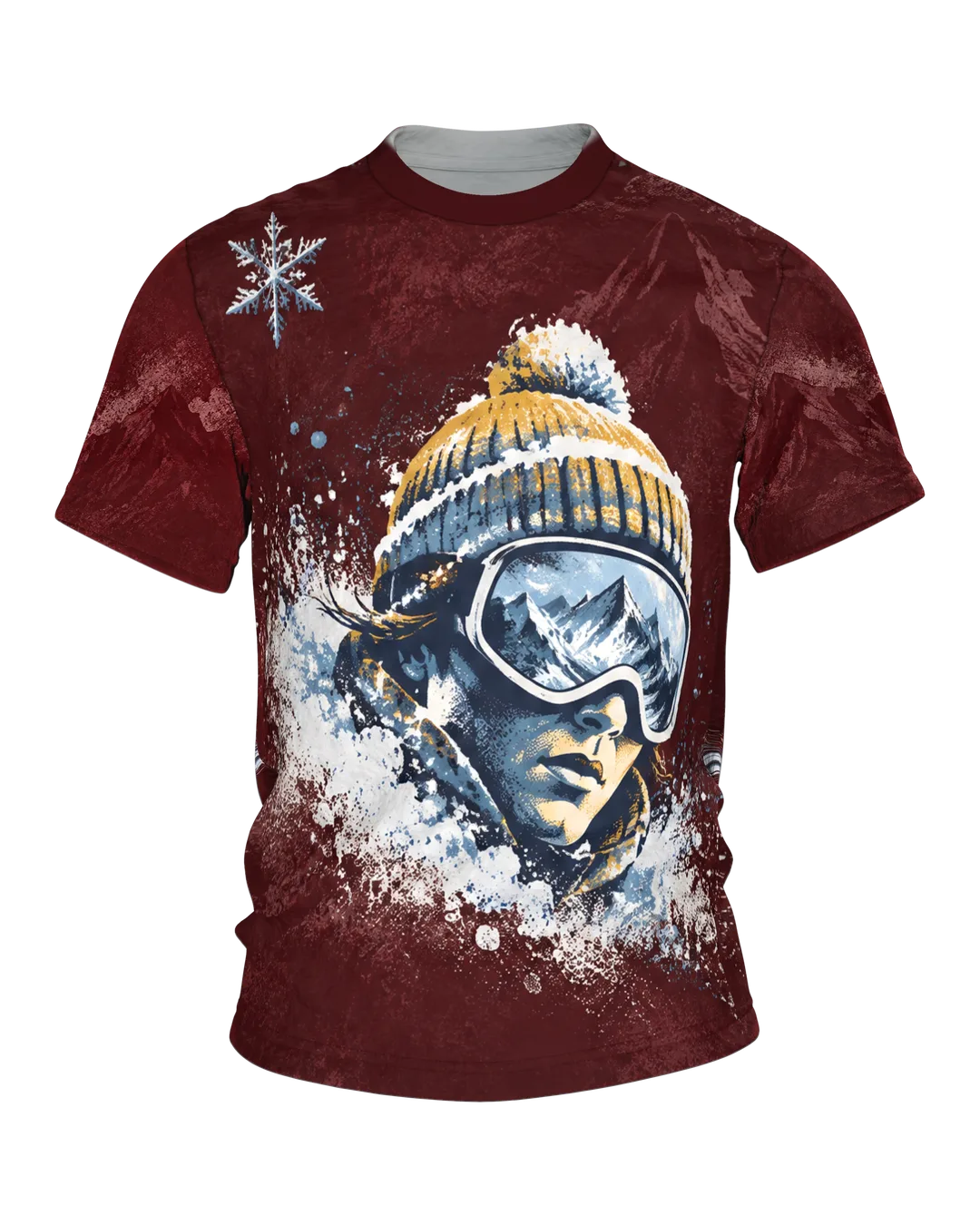 Retro Skifahrer Portrait T-Shirt: Burgunderrot mit Gletscherbrille und Pudelmütze, hinten Pistenspur zum Mond, rundum bedruckt