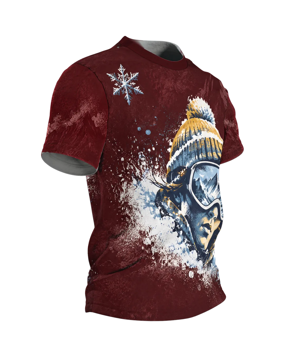 Retro Skier Portrait T-Shirt: burgundy red with glacier goggles and bobble hat, ski track to the moon on the back, printed all over, Side view, left