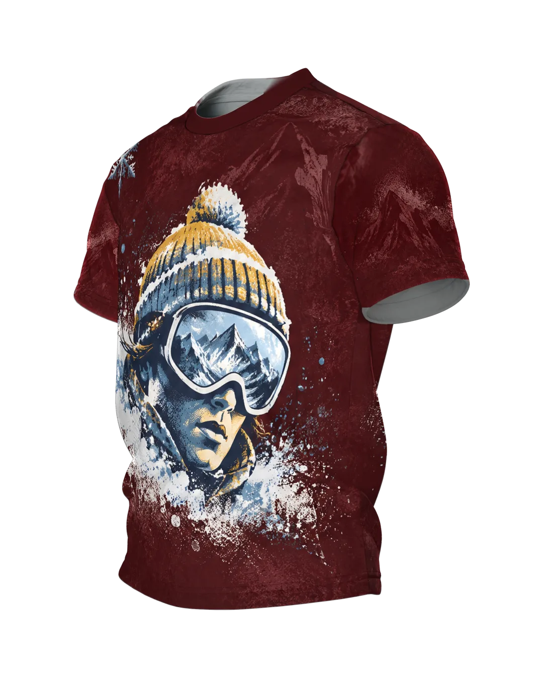 Retro Skier Portrait T-Shirt: burgundy red with glacier goggles and bobble hat, ski track to the moon on the back, printed all over, Side view, right