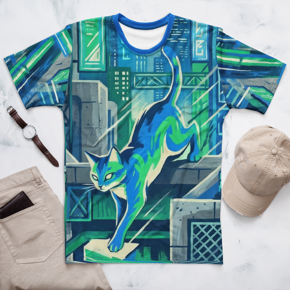 Cyberpunk Katze Blau-Grün — Neon Stadt Comic T-Shirt