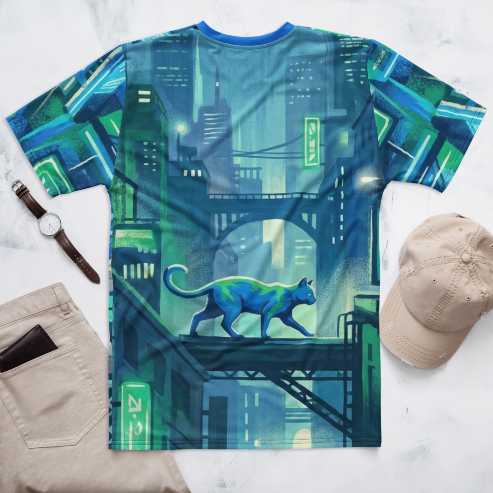 Cyberpunk Katze Blau-Grün — Neon Stadt Comic T-Shirt