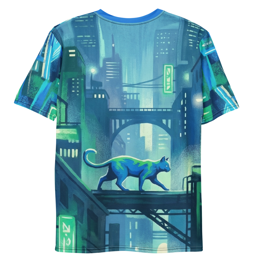 Cyberpunk Katze Blau-Grün — Neon Stadt Comic T-Shirt