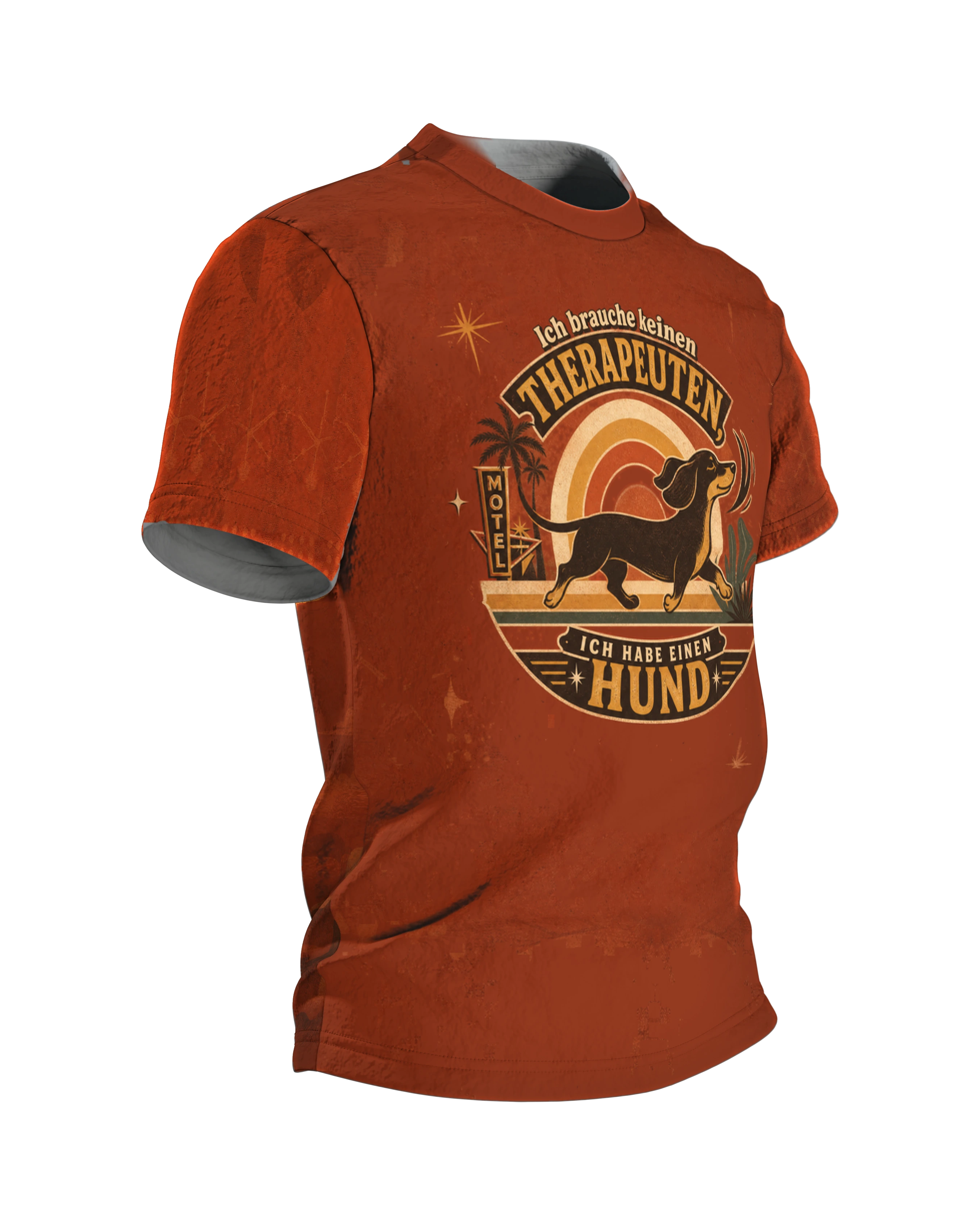 Lustiges Hunde T-Shirt: „Ich brauche keinen Therapeuten, ich habe einen Hund“, Dackel am Motel, hinten Knochenwappen, rundum, Seitenansicht links