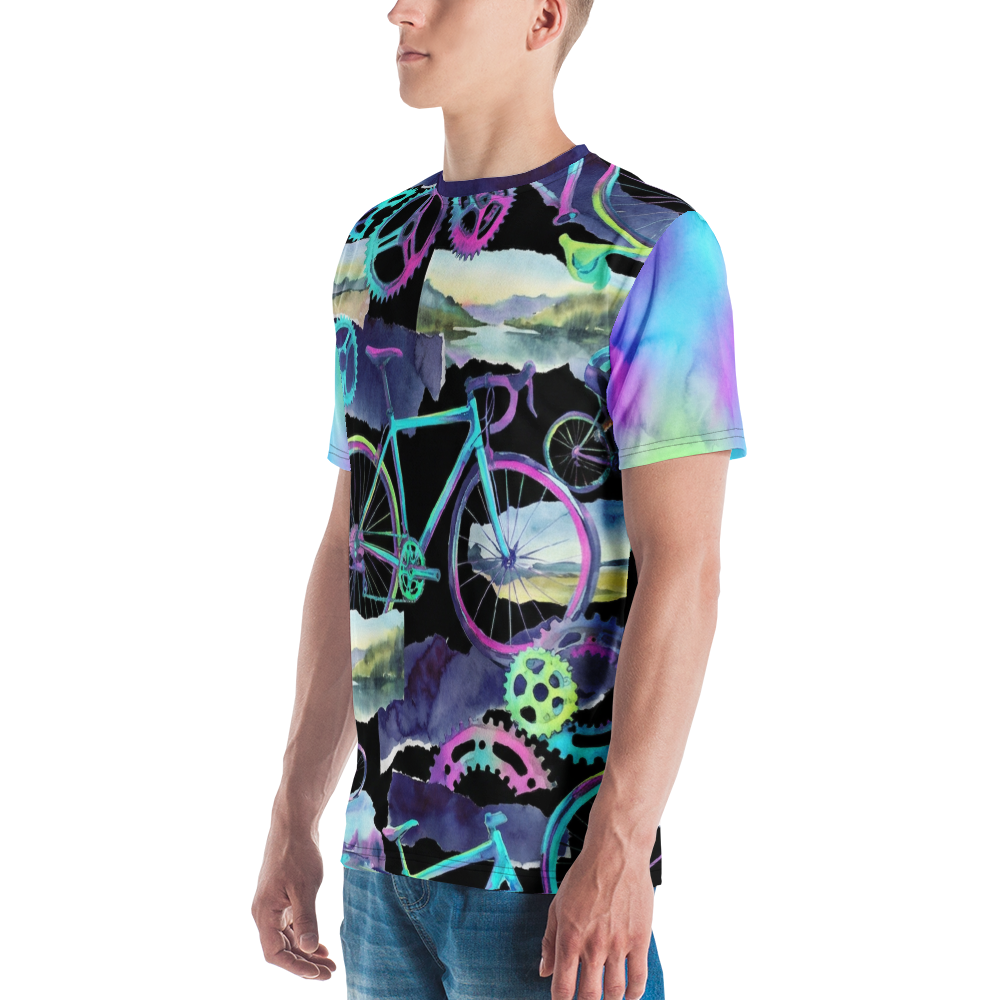Rennrad Collage Aquarell — Zahnrad Magenta Türkis Cyber T-Shirt