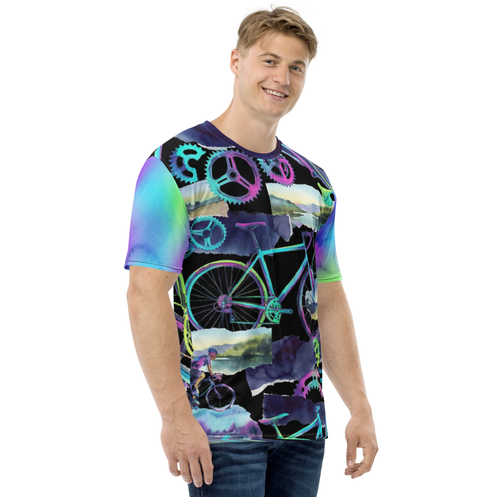 Rennrad Collage Aquarell — Zahnrad Magenta Türkis Cyber T-Shirt