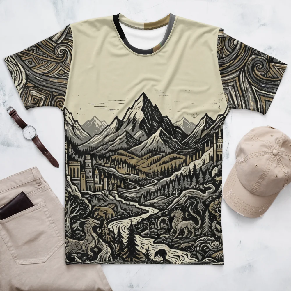 Fantasy Landschaft T-Shirt — Holzschnitt Burgen Sepia — Ansicht 3