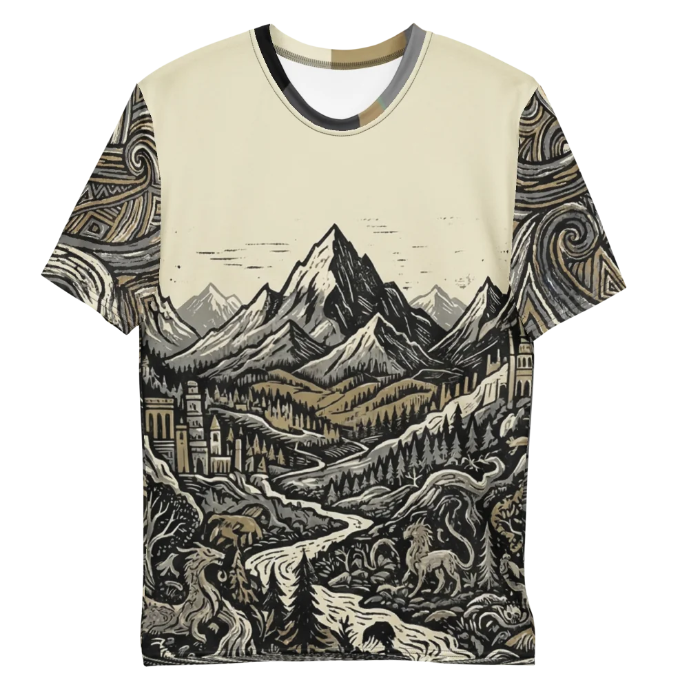 Fantasy Landschaft T-Shirt — Holzschnitt Burgen Sepia