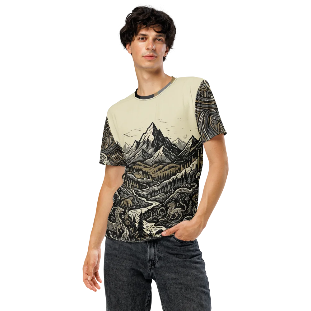 Fantasy Landschaft T-Shirt — Holzschnitt Burgen Sepia — Ansicht 5