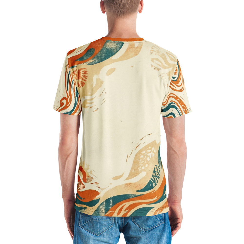 Abstrakte Botanik Orange Türkis Welle — Linolschnitt T-Shirt