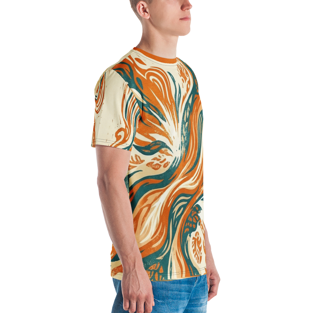Abstrakte Botanik Orange Türkis Welle — Linolschnitt T-Shirt