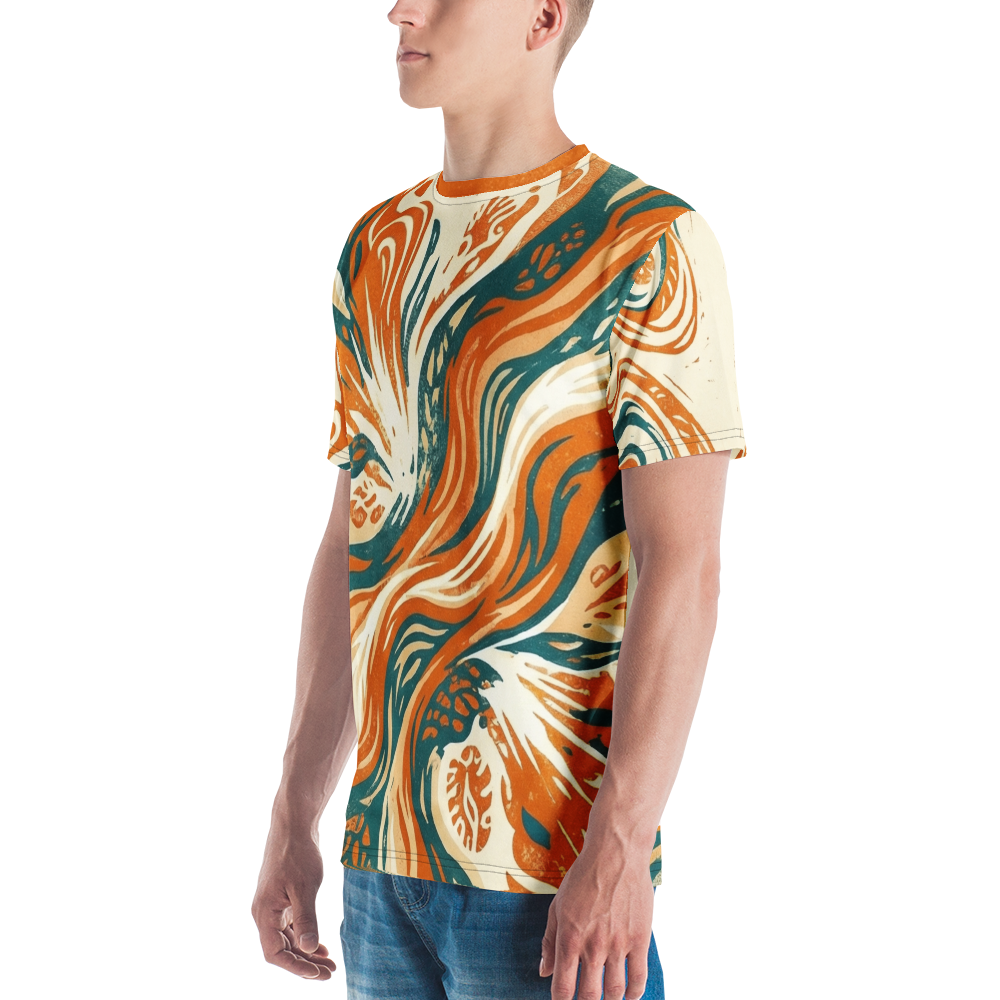 Abstrakte Botanik Orange Türkis Welle — Linolschnitt T-Shirt