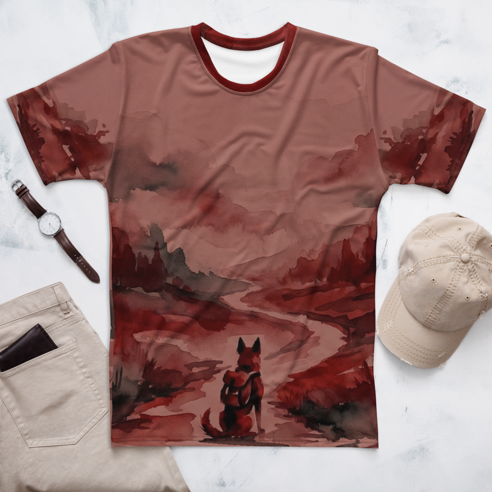 Abenteuer Aquarell Hund T-Shirt – Rote Landschaft