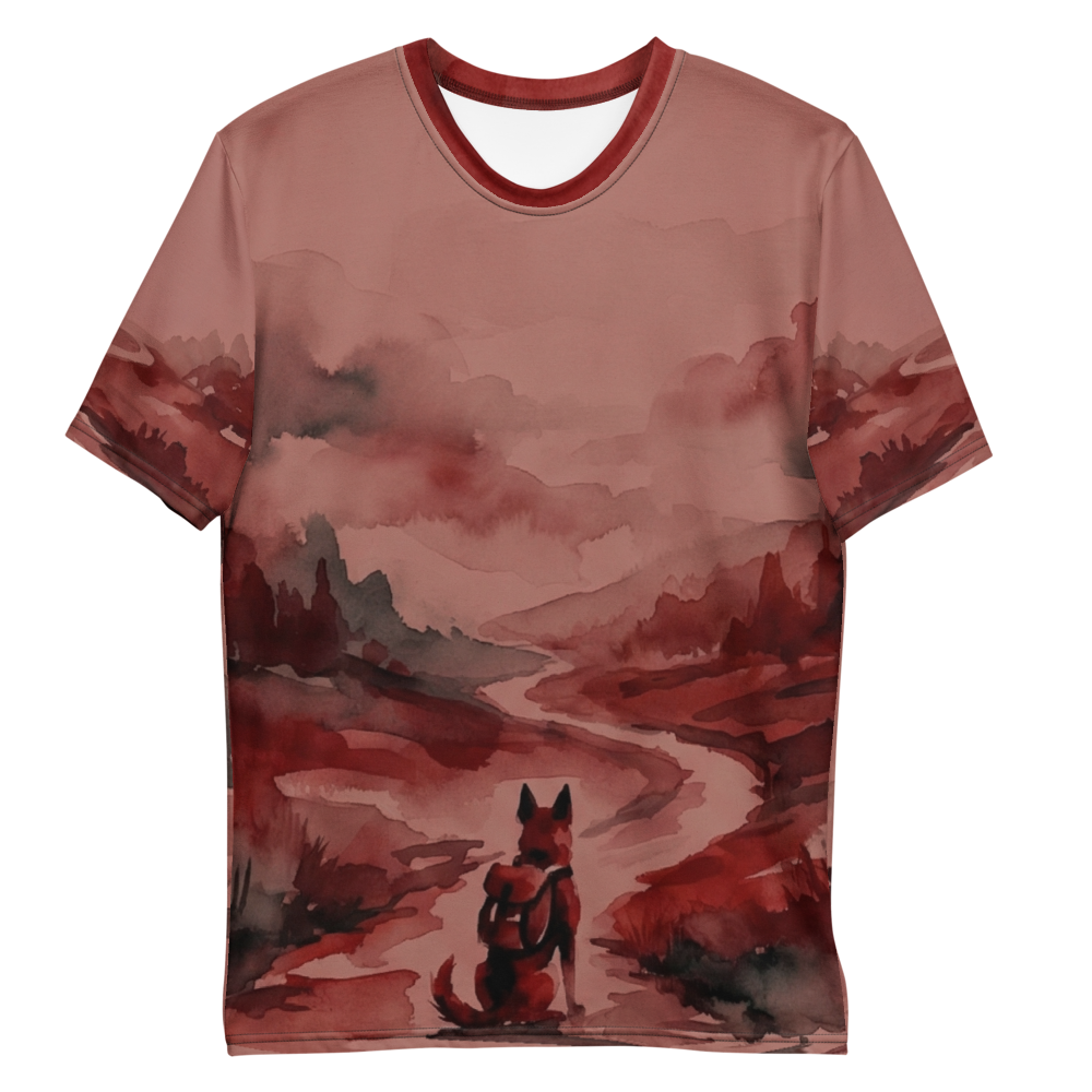 Abenteuer Aquarell Hund T-Shirt – Rote Landschaft