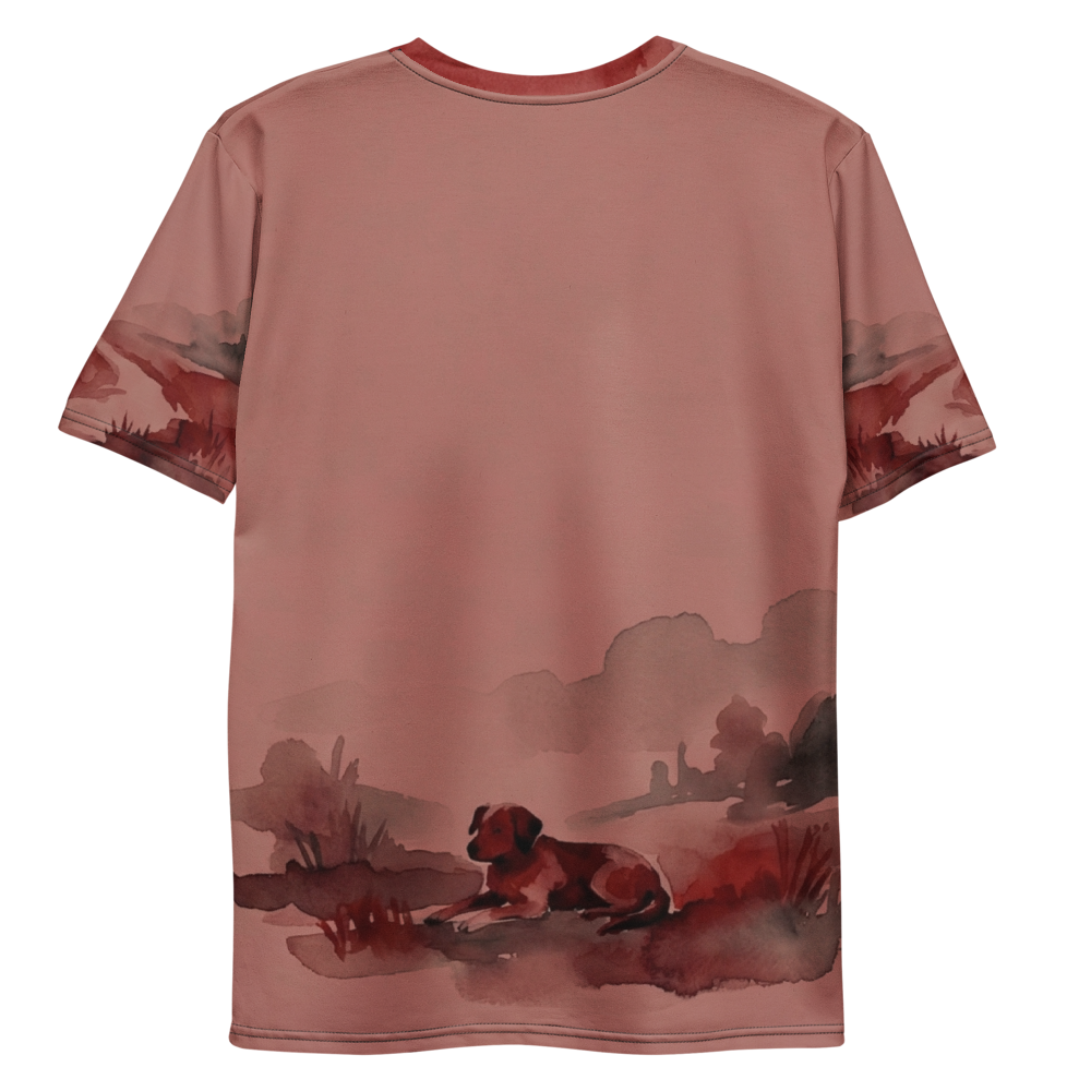 Abenteuer Aquarell Hund T-Shirt – Rote Landschaft