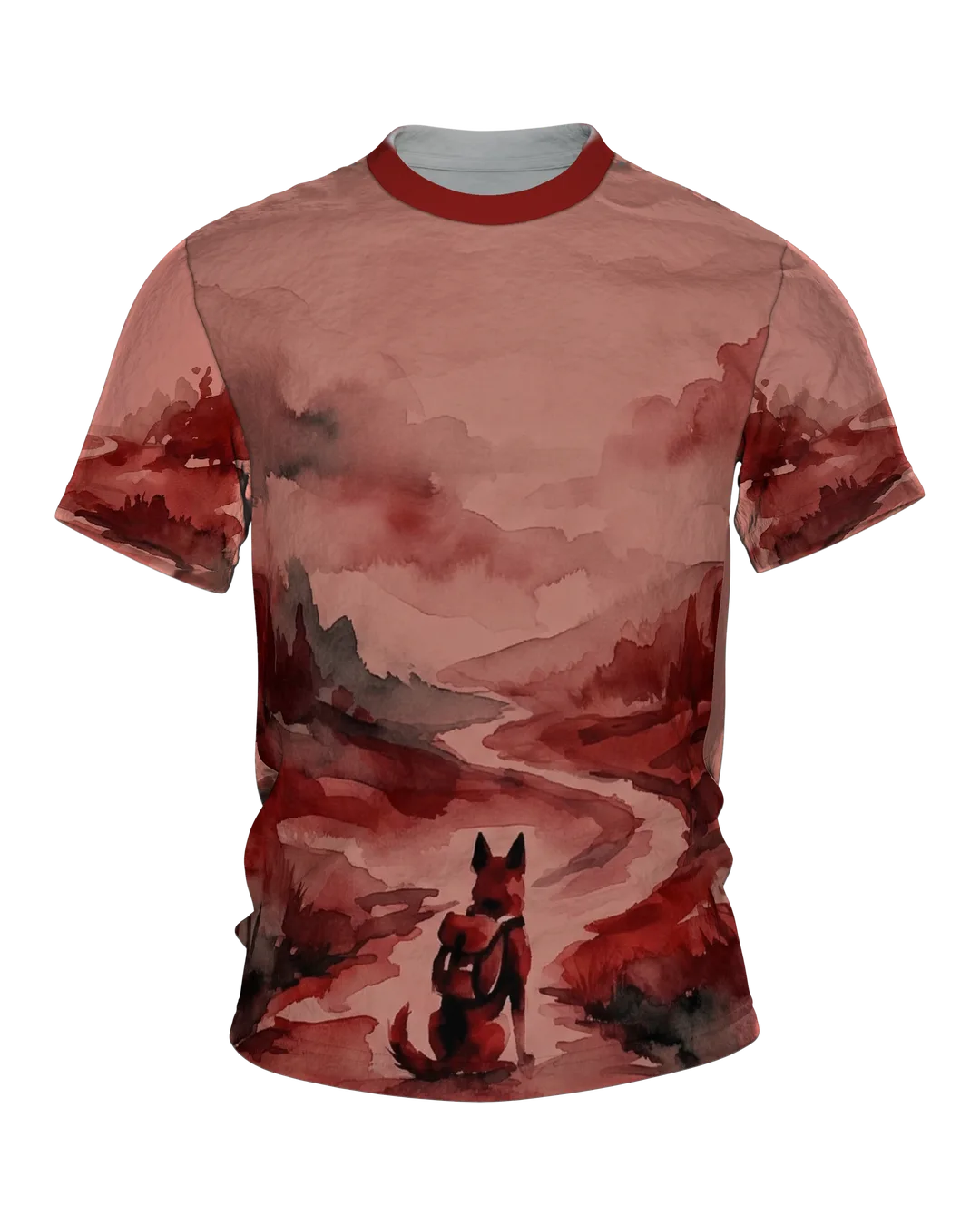 Fuchs Aquarell T-Shirt, Wanderer am Fluss in roter Landschaft