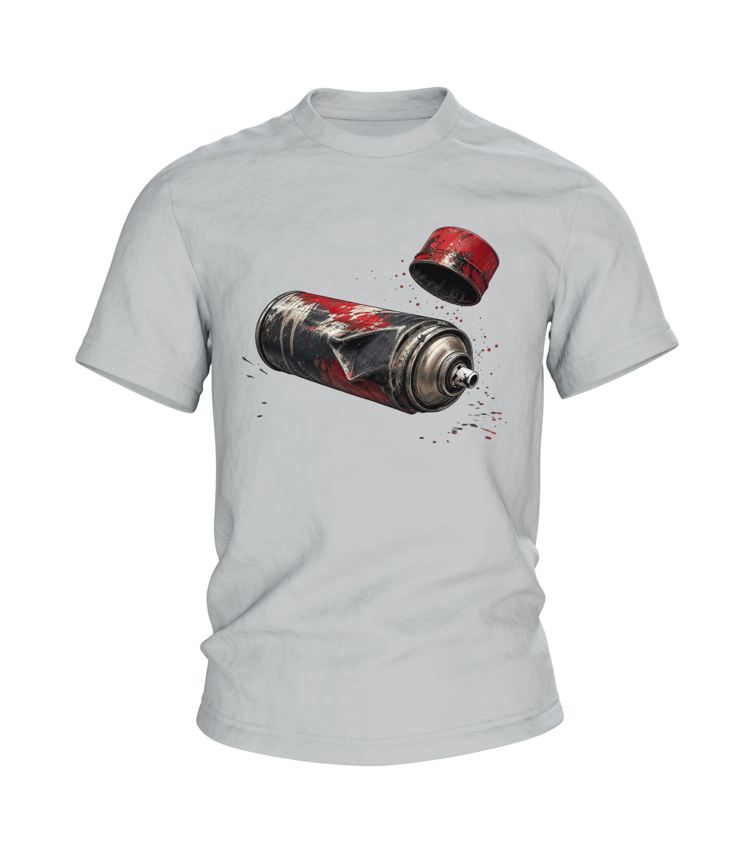 Sprühdose T-Shirt, verbeulte Dose mit roten Farbspritzern fotorealistisch auf Dunkel