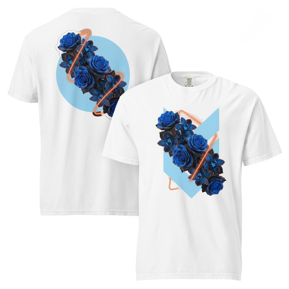 Blaue Rosen Neon-Ring Orchideen — Dark Floral T-Shirt