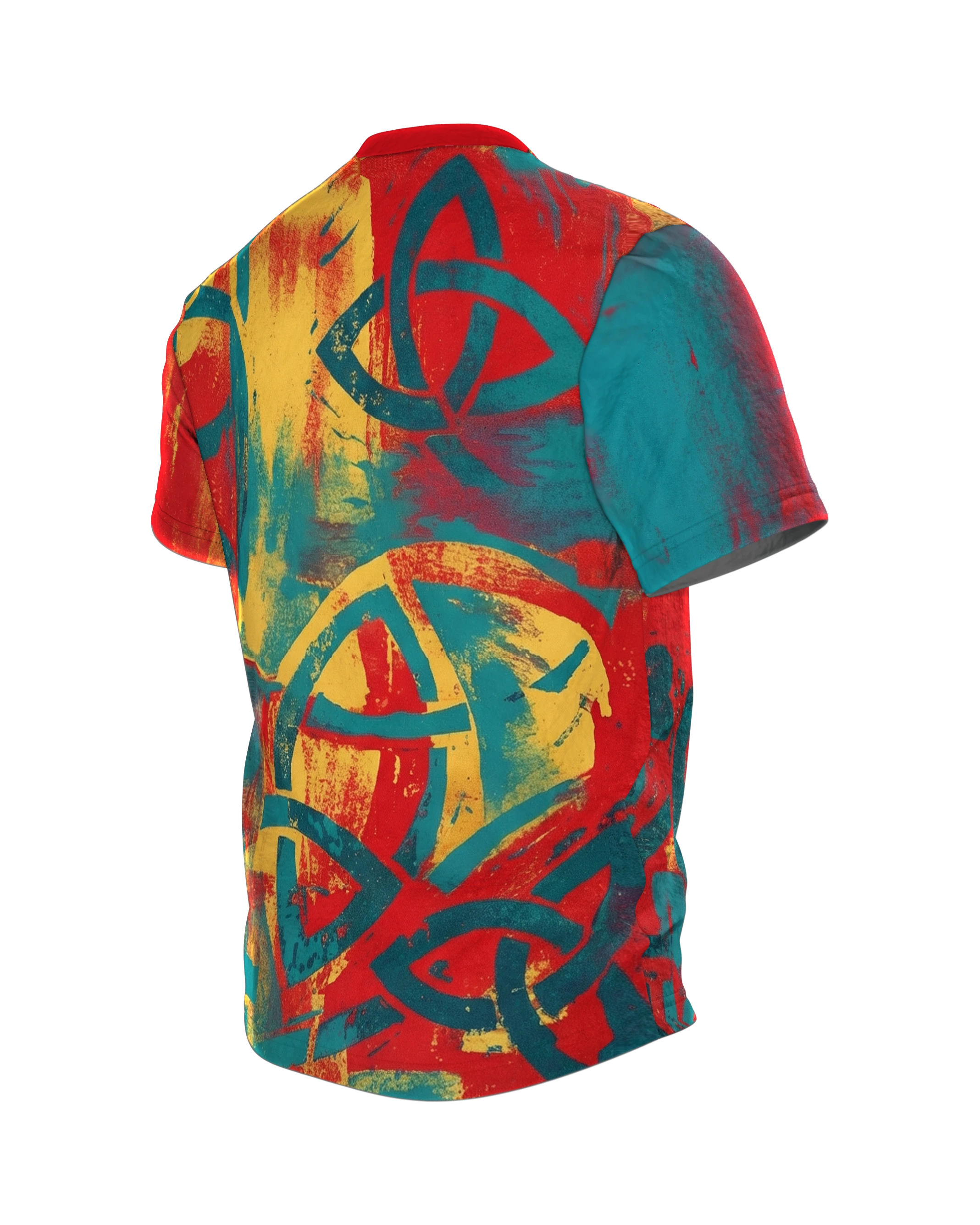 Keltischer Knoten T-Shirt, Spirale und Kleeblatt im Grunge-Fries, Rückseite schräg links