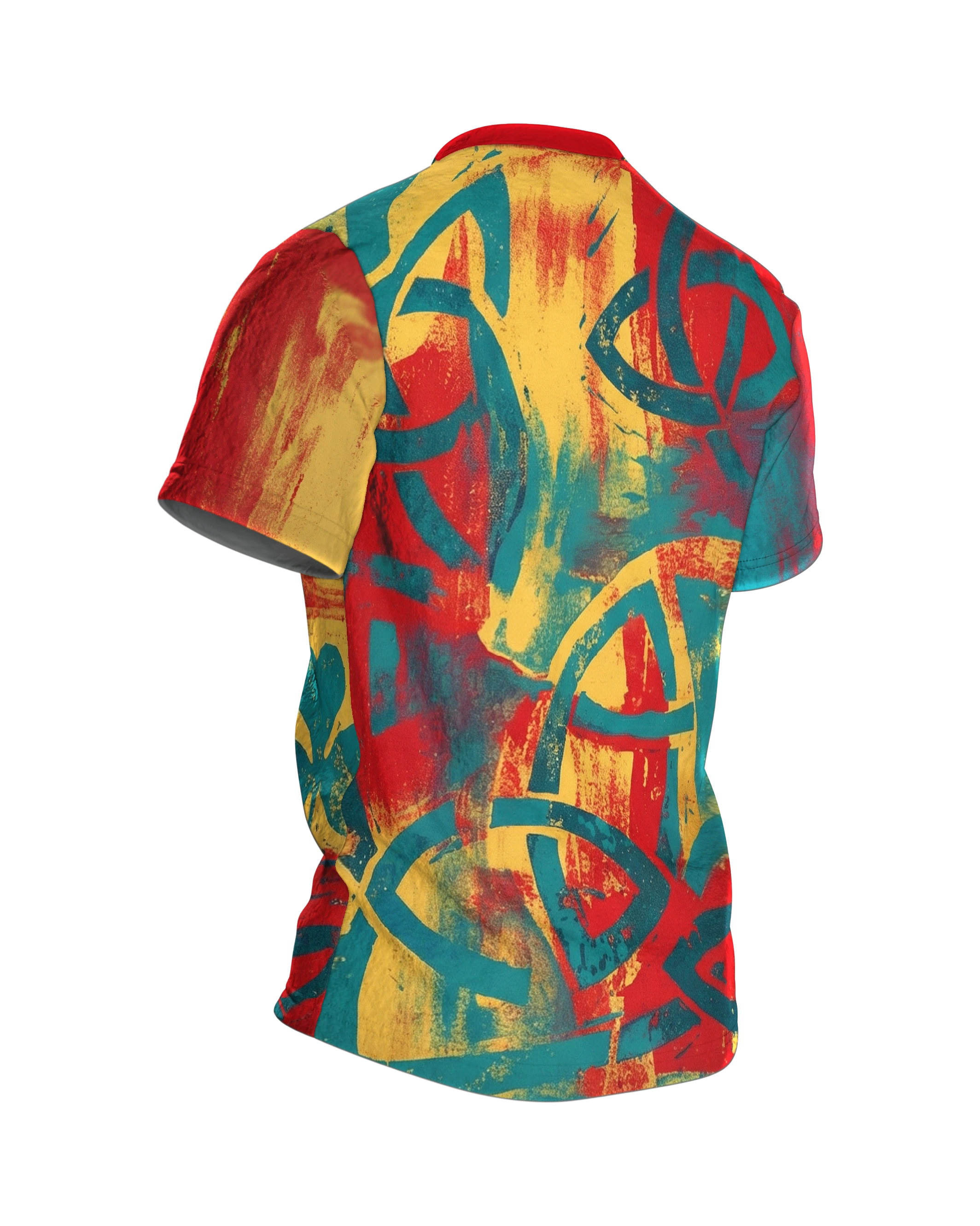 Keltischer Knoten T-Shirt, Spirale und Kleeblatt im Grunge-Fries, Rückseite schräg rechts