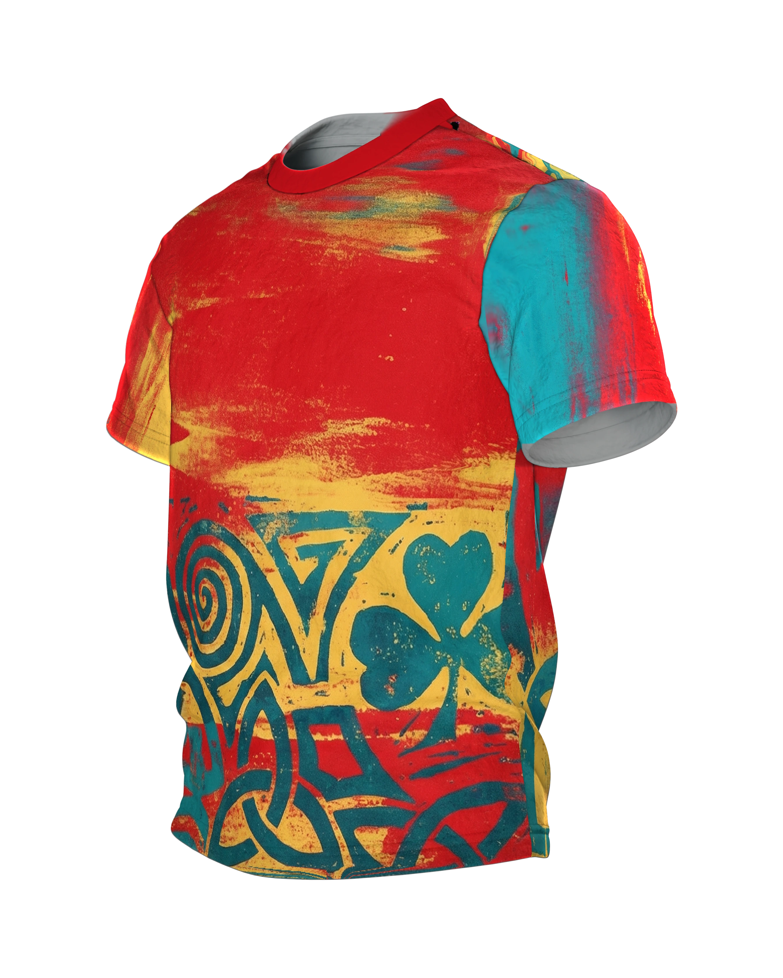 Keltischer Knoten T-Shirt, Spirale und Kleeblatt im Grunge-Fries, Seitenansicht rechts