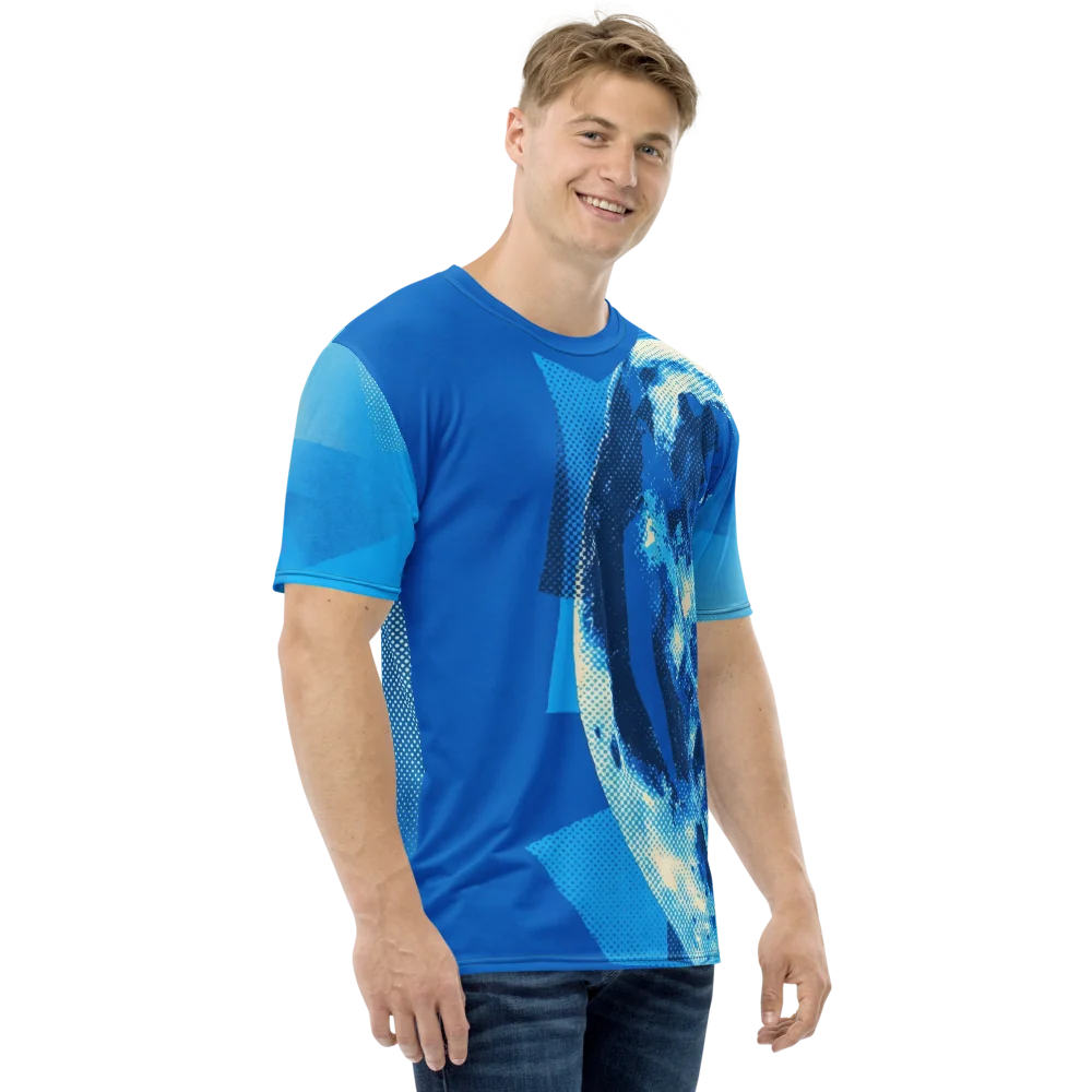 Halftone Mond T-Shirt — Monochrom Blau Fotodruck