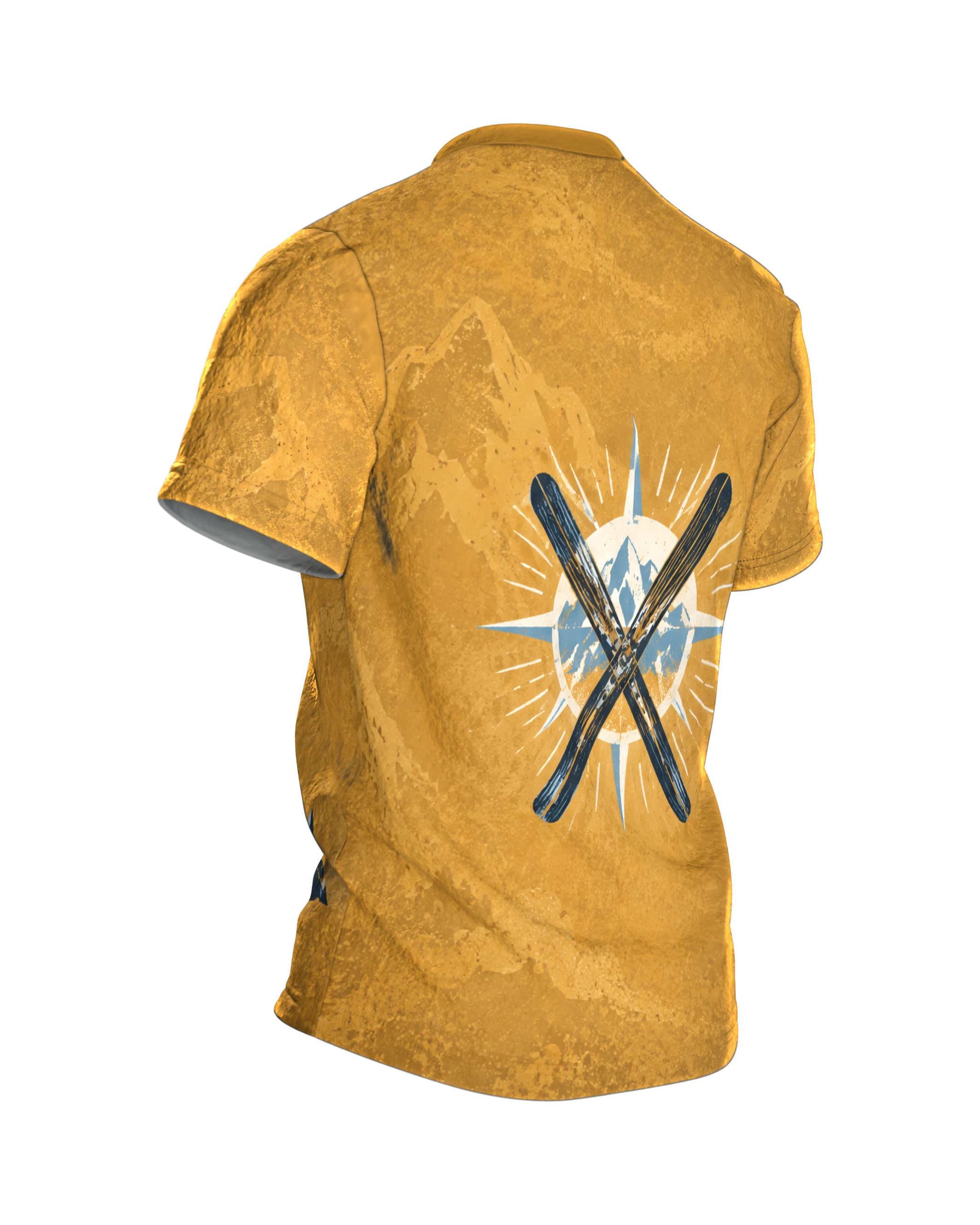 Retro Skifahrer im Alpenpanorama T-Shirt: Ockergelb mit eisblauen Bergen und roter Sonne, hinten gekreuzte Ski, rundum bedruckt, Rückseite schräg rechts