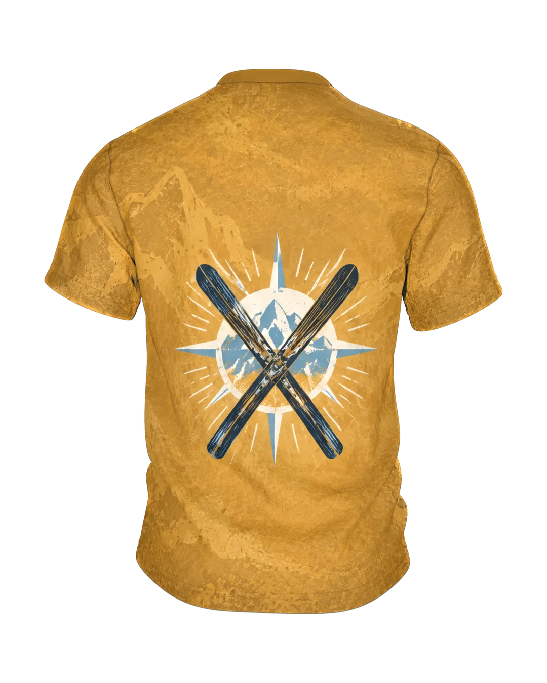 Retro Skifahrer im Alpenpanorama T-Shirt: Ockergelb mit eisblauen Bergen und roter Sonne, hinten gekreuzte Ski, rundum bedruckt, Rückseite