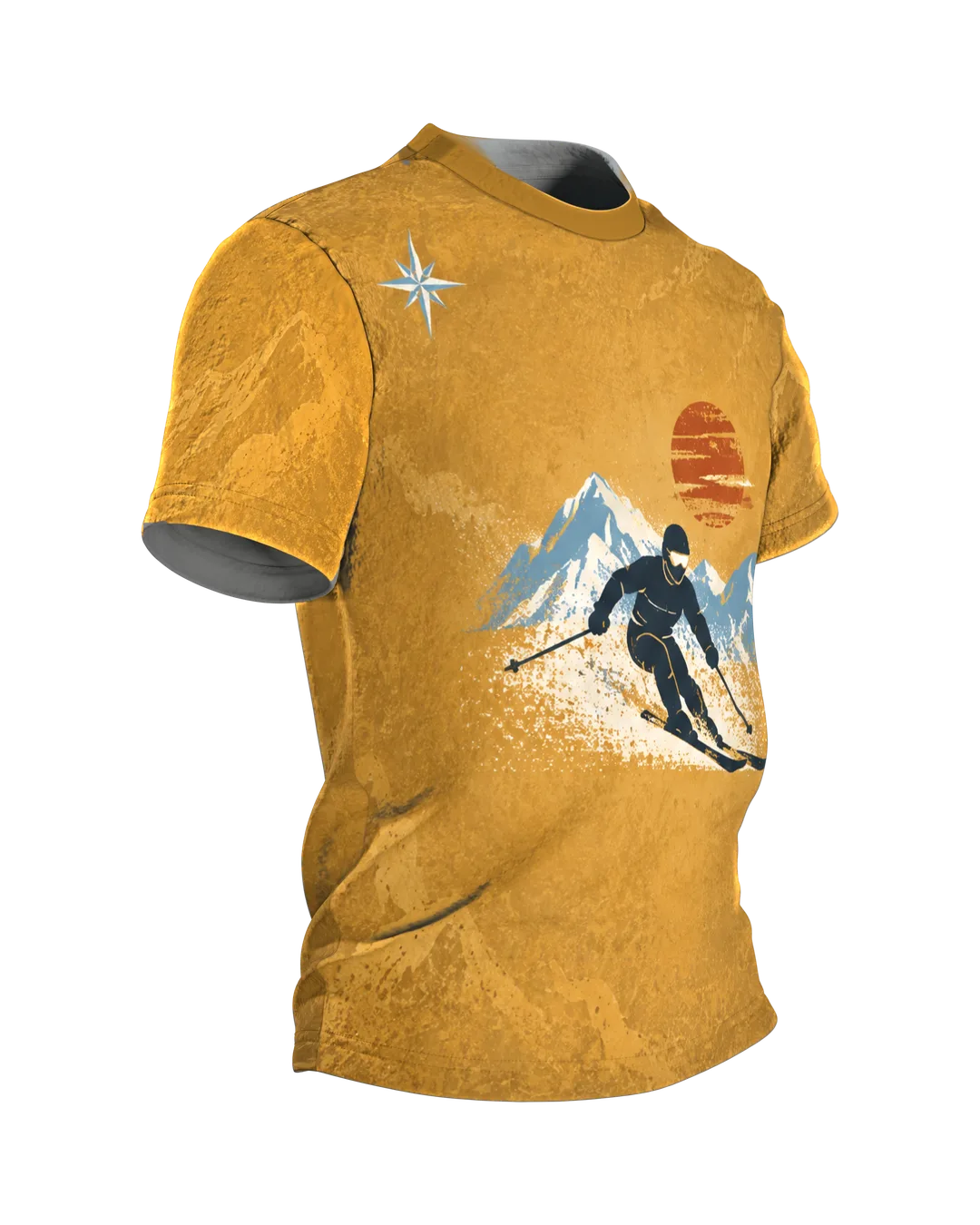 Retro Skifahrer im Alpenpanorama T-Shirt: Ockergelb mit eisblauen Bergen und roter Sonne, hinten gekreuzte Ski, rundum bedruckt, Seitenansicht links